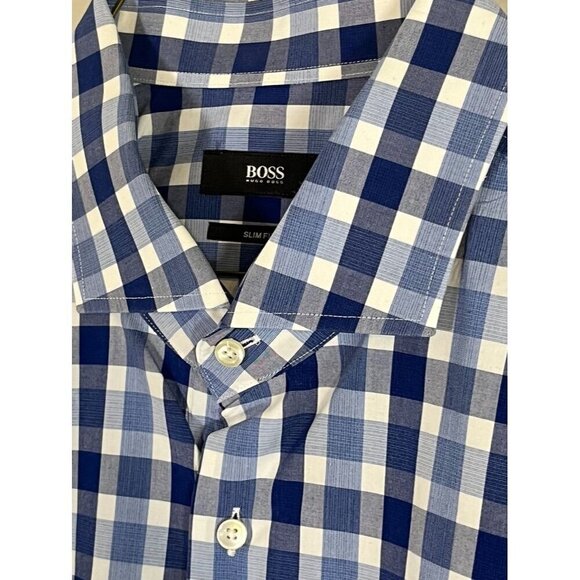 Boss Plaid Shirt 18 Blue Slim Fit Preppy Checks Workwear Coastal Resort Nautical - Picture 9 of 12